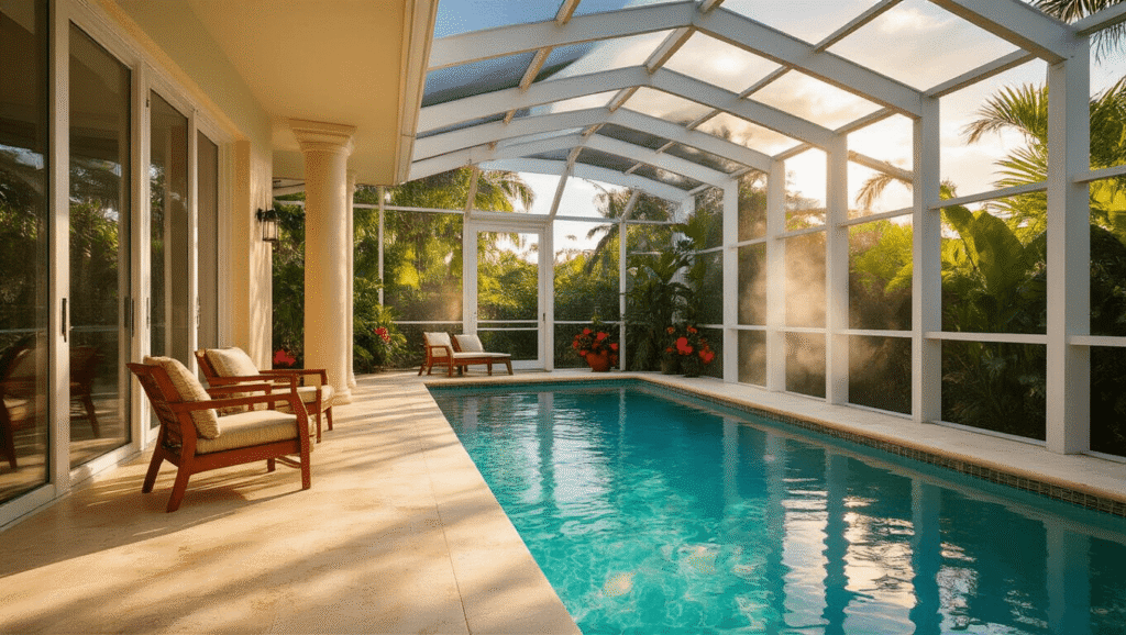 Florida Pool Cages: Everything You Need to Know Before Installing Your Backyard Oasis Cinematic wide-angle view of a luxurious Florida pool cage, showcasing gleaming aluminum framework, crystal-clear turquoise water, dramatic shadows on a cream travertine deck, lush tropical plants, teak outdoor furniture, and vibrant hibiscus blooms, all bathed in warm golden hour lighting.