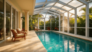 Cinematic wide-angle view of a luxurious Florida pool cage, showcasing gleaming aluminum framework, crystal-clear turquoise water, dramatic shadows on a cream travertine deck, lush tropical plants, teak outdoor furniture, and vibrant hibiscus blooms, all bathed in warm golden hour lighting.