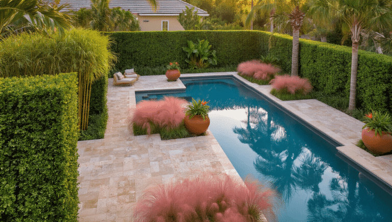 Cinematic aerial view of a Florida pool landscape at golden hour, showcasing travertine pavers, lush Podocarpus hedges, Pygmy Date Palms, pink Muhly grass, and warm stone textures, with a crystal blue pool, dappled sunlight, and vibrant coral Bougainvillea blooms.