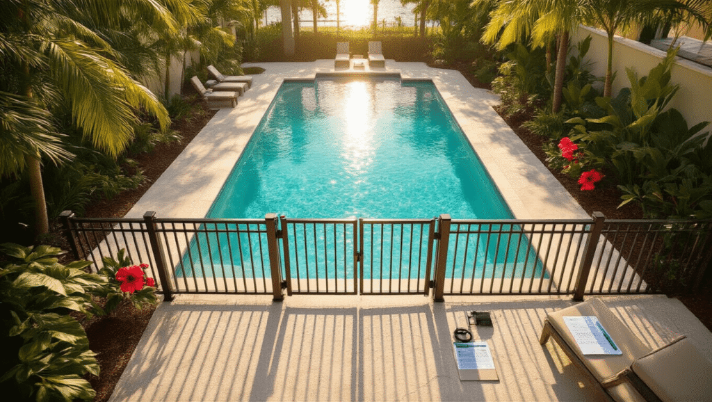 Everything You Need to Know About Florida Pools Before You Build or Buy Cinematic overhead view of a Florida pool safety installation with a 4-foot ornamental fence and self-closing gate, featuring clear turquoise water, tropical landscaping, warm lighting, and professional water testing equipment, all highlighted with shallow depth of field.