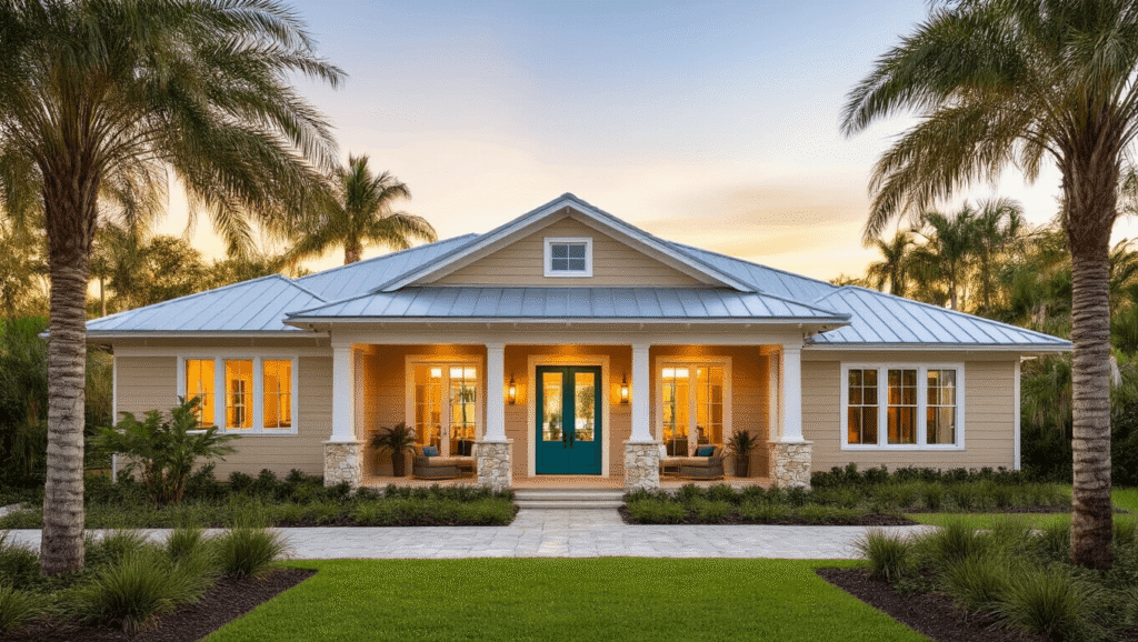 Cinematic golden hour shot of a single-story Florida ranch home with beige board and batten siding, large corner windows, metal roof, wrap-around porch, stone accents, and tropical landscaping, featuring warm lighting and a deep teal front door.