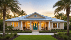 Florida Ranch Style Homes Exterior: Your Complete Design Guide Cinematic golden hour shot of a single-story Florida ranch home with beige board and batten siding, large corner windows, metal roof, wrap-around porch, stone accents, and tropical landscaping, featuring warm lighting and a deep teal front door.