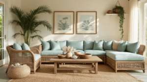 Florida Room Decor: How I Transformed My Space Into a Coastal Paradise Cinematic wide-angle shot of a cozy Florida room adorned with weathered rattan furniture, seafoam linen cushions, a reclaimed teak coffee table, and lush greenery, all bathed in warm golden hour light.