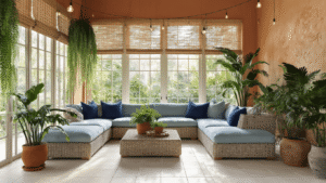 Florida Rooms: Everything You Need to Know About These Sunlit Spaces Sunlit Florida room featuring a mid-century pale blue-gray wicker sectional sofa, tropical plants in terracotta planters, and screened windows with morning golden hour lighting.