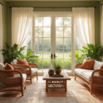 Ultra-wide shot of a modern Florida sunroom featuring floor-to-ceiling windows, billowing white curtains, rattan furniture, and terracotta tiles. The interior showcases native plants in ceramic planters, with warm golden hour sunlight casting a cozy glow, while a blurred outdoor view reveals live oaks and sabal palms.