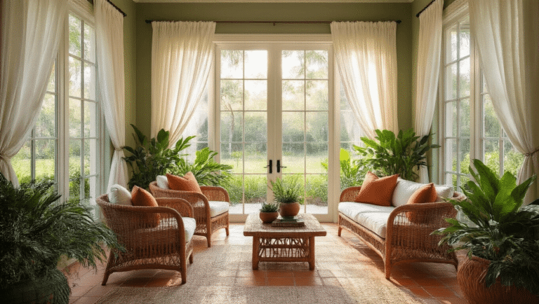 Ultra-wide shot of a modern Florida sunroom featuring floor-to-ceiling windows, billowing white curtains, rattan furniture, and terracotta tiles. The interior showcases native plants in ceramic planters, with warm golden hour sunlight casting a cozy glow, while a blurred outdoor view reveals live oaks and sabal palms.