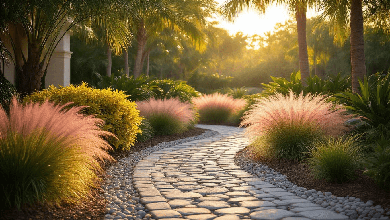 Ultra-realistic Florida front yard landscape at golden hour, featuring vibrant Gold Mound Duranta shrubs, pink Muhly grass, a curved cobblestone pathway with river rock accents, and dramatic dappled light from palm fronds.