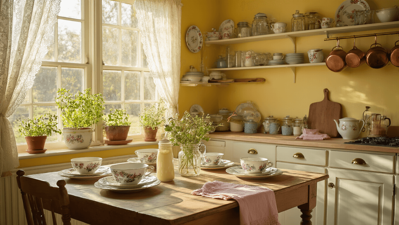 A cozy grandmacore kitchen featuring butter yellow walls, warm morning light, vintage farmhouse table with mismatched floral plates, open shelving with colorful jars, hanging copper pots, and potted herbs on the windowsill.