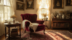 A cozy grandmacore living room featuring a worn burgundy velvet armchair, vintage floral teacups, stacks of aged books, ceramic figurines, and layered Persian rugs, all bathed in warm sunlight filtering through lace curtains.