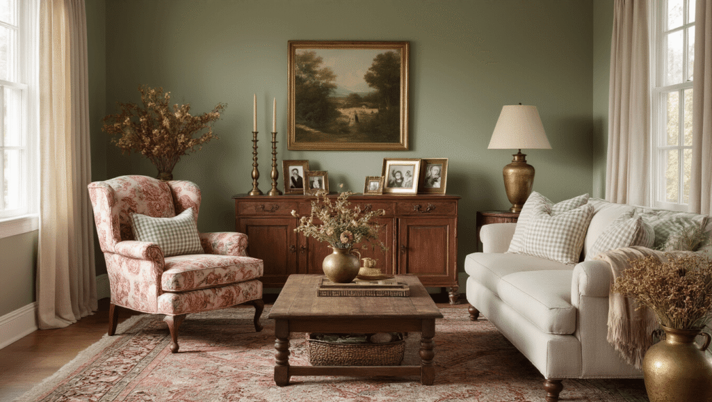 How to Create the Perfect Grandmacore Living Room (Without Looking Like a Time Capsule) Cozy grandmacore living room featuring a vintage floral armchair, sage green accent wall, warm golden hour lighting, and rich textures with curated vintage decor.