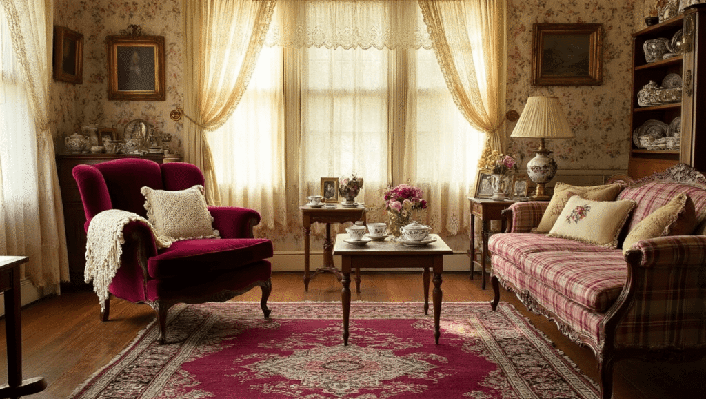 How to Create a Grandmacore House That Feels Like Coming Home A cozy grandmacore living room featuring vintage furniture, floral patterns, and warm afternoon light, with a burgundy velvet armchair, mismatched side tables, a Persian rug, and embroidered pillows on a plaid sofa, all contributing to a nostalgic atmosphere.