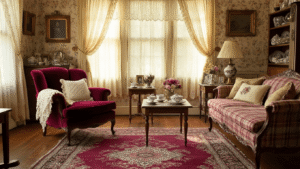 How to Create a Grandmacore House That Feels Like Coming Home A cozy grandmacore living room featuring vintage furniture, floral patterns, and warm afternoon light, with a burgundy velvet armchair, mismatched side tables, a Persian rug, and embroidered pillows on a plaid sofa, all contributing to a nostalgic atmosphere.
