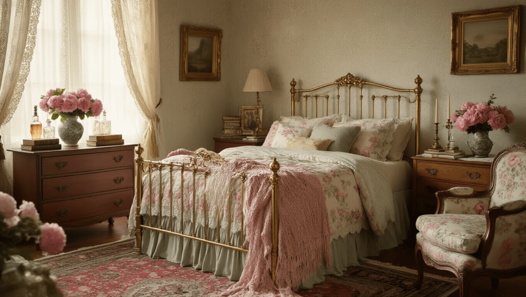 Cinematic wide shot of a cozy grandmacore bedroom featuring a vintage brass bed, floral duvet, antique dresser with brass decor, and warm morning light filtering through lace curtains.
