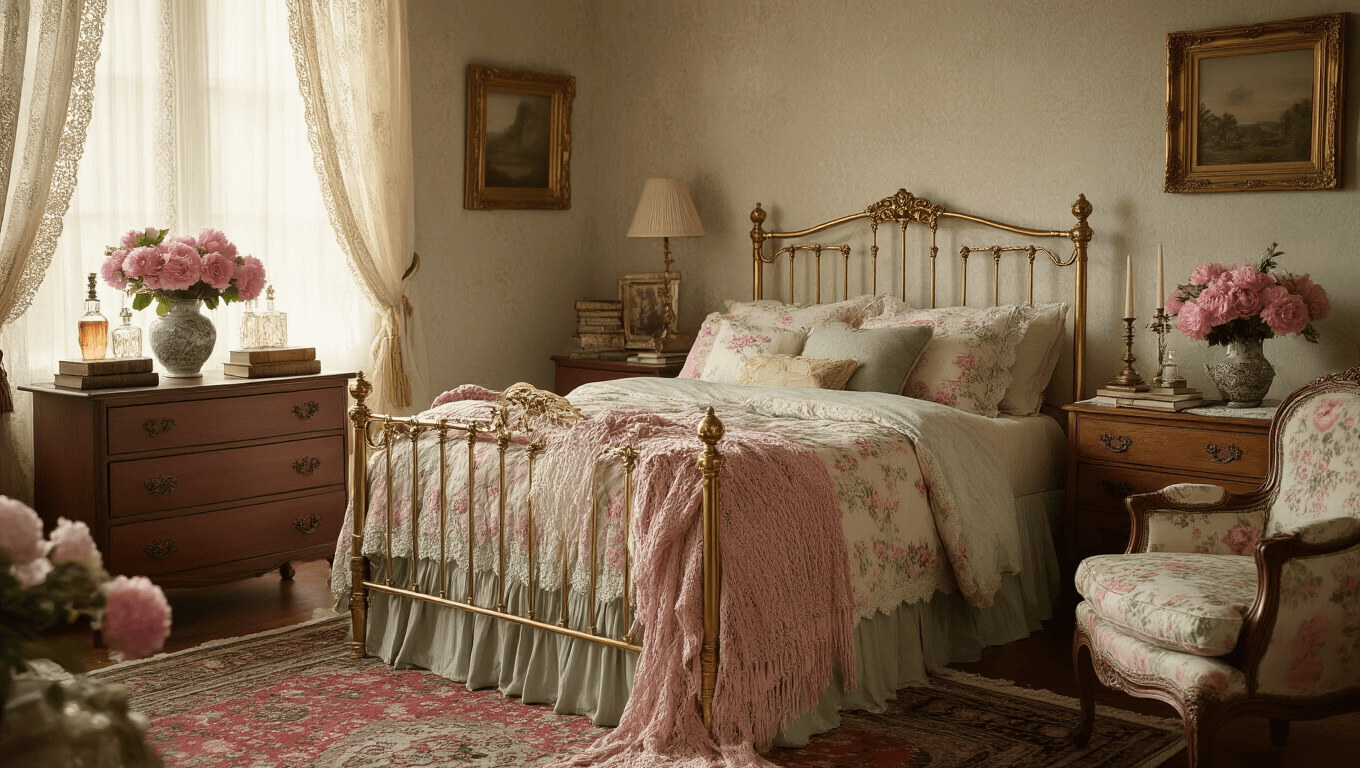 Cinematic wide shot of a cozy grandmacore bedroom featuring a vintage brass bed, floral duvet, antique dresser with brass decor, and warm morning light filtering through lace curtains.