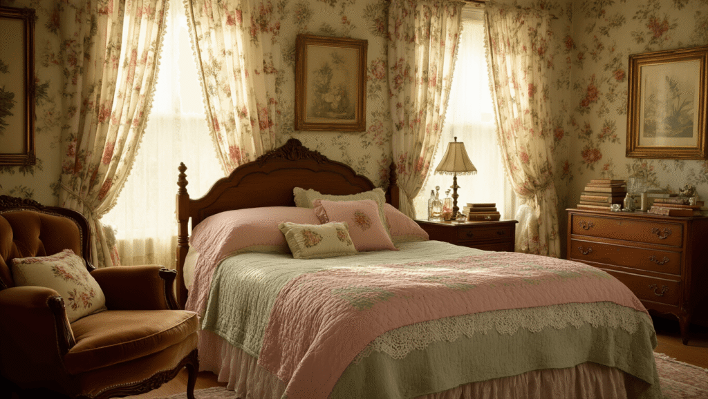 How to Create a Granny Chic Bedroom That Doesn't Look Like Your Grandma's House Cinematic wide-angle shot of a cozy granny chic bedroom featuring vintage furniture, layered textiles in dusty pink and sage green, antique decor, and warm golden hour lighting.