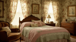 How to Create a Granny Chic Bedroom That Doesn't Look Like Your Grandma's House Cinematic wide-angle shot of a cozy granny chic bedroom featuring vintage furniture, layered textiles in dusty pink and sage green, antique decor, and warm golden hour lighting.