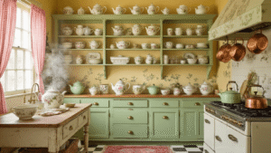 My Love Affair with Granny Chic Kitchens: The Coziest Trend You Never Knew You Needed Cinematic overhead view of a vintage granny chic kitchen with sage green open shelves showcasing floral teapots and jadeite dishes, warm yellow walls, copper cookware, and soft morning light filtering through pink gingham curtains.