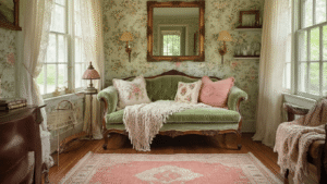 Why Granny Chic Interior Design Is Making Everyone Fall in Love With Floral Wallpaper Again Cinematic wide shot of a cozy granny chic living room featuring sage green floral wallpaper, a plush blush velvet settee, layered vintage quilts, and warm ambient lighting from an ornate brass lamp, creating an inviting atmosphere with rich textures and a pastel jewel tone palette.
