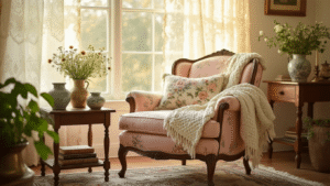 Granny Chic Decor: How I Transformed My Home with Vintage Charm and Modern Flair Cozy granny chic living room filled with golden hour sunlight, featuring a vintage floral armchair, layered quilts, ceramic vases with wildflowers, and a gallery wall, all in a warm color palette.