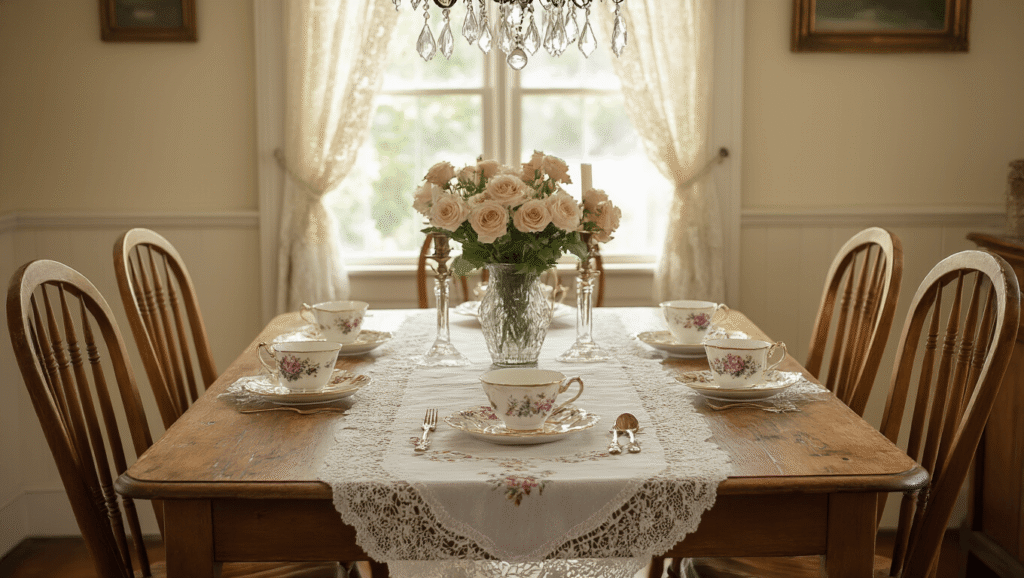 Granny Chic Dining Room: How I Transformed My Space with Vintage Charm A cozy granny chic dining room featuring a vintage wooden table with water rings, mismatched honey oak chairs, a delicate lace tablecloth, floral teacups, tarnished silverware, and aged brass candlesticks, illuminated by a crystal chandelier and gentle afternoon light filtering through lace curtains, with fresh garden roses in an antique vase.