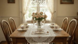 Granny Chic Dining Room: How I Transformed My Space with Vintage Charm A cozy granny chic dining room featuring a vintage wooden table with water rings, mismatched honey oak chairs, a delicate lace tablecloth, floral teacups, tarnished silverware, and aged brass candlesticks, illuminated by a crystal chandelier and gentle afternoon light filtering through lace curtains, with fresh garden roses in an antique vase.
