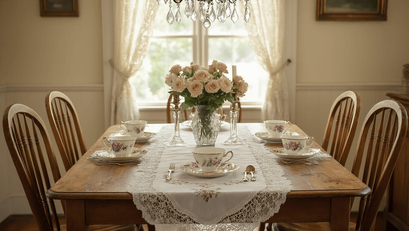 A cozy granny chic dining room featuring a vintage wooden table with water rings, mismatched honey oak chairs, a delicate lace tablecloth, floral teacups, tarnished silverware, and aged brass candlesticks, illuminated by a crystal chandelier and gentle afternoon light filtering through lace curtains, with fresh garden roses in an antique vase.
