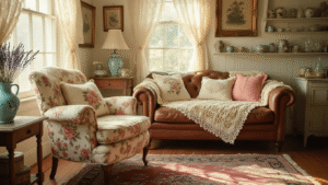 Why Your Home Needs That Cozy Granny Chic Magic (And How to Pull It Off Without Looking Like a Museum) Cinematic wide shot of a vintage living room featuring soft golden hour lighting, a weathered floral armchair, crocheted quilts on a leather sofa, mismatched pillows, a Persian rug, and a collection of depression glass, creating an inviting, cozy atmosphere reminiscent of a grandmother's house.