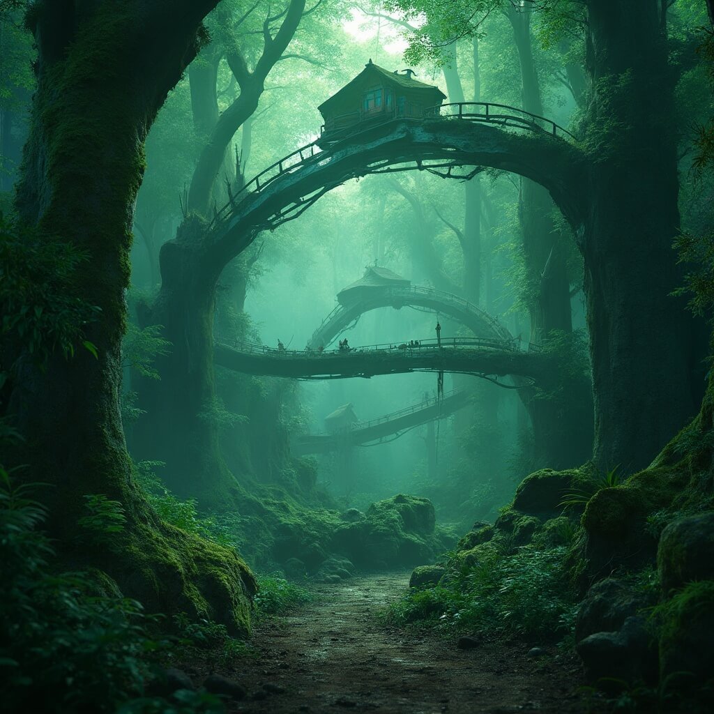 Hagrid's Motorbike Adventure roller coaster weaving through an immersive magical forest with ethereal lighting, mystic fog, and soft magical particle effects in rich emerald and deep green hues, showcasing detailed architecture and ultra-sharp photorealistic rendering.