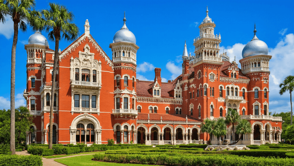 Unveiling Tampa's Hidden Gem: The Mind-Blowing Henry B. Plant Museum That Time Forgot "The Henry B. Plant Museum, a majestic Victorian-era brick-red hotel with ornate white trimming, Moorish minarets, grand arched windows, silver-domed towers and lush landscaping under the golden Florida sunlight."