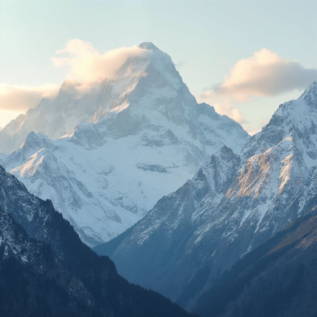 Pristine Himalayan range at golden hour with snow-capped peaks, dramatic clouds and detailed rocky terrain shot with medium format camera
