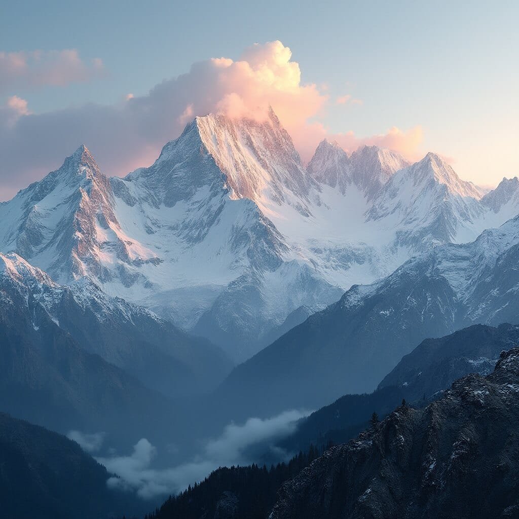 Pristine Himalayan mountain range at golden hour with dramatic cloud formations and intricate rocky terrain details, shot with 50mm prime lens