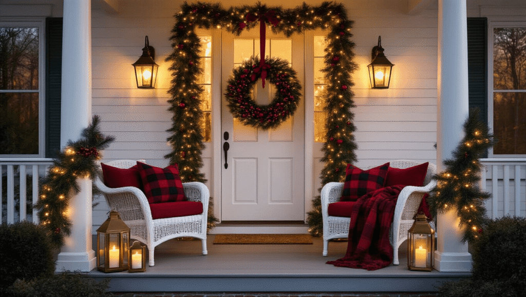 Cinematic winter front porch adorned with warm LED lights, evergreen garland, oversized wreath, cozy wicker furniture, and rich red and green holiday decor, creating a magical inviting atmosphere.
