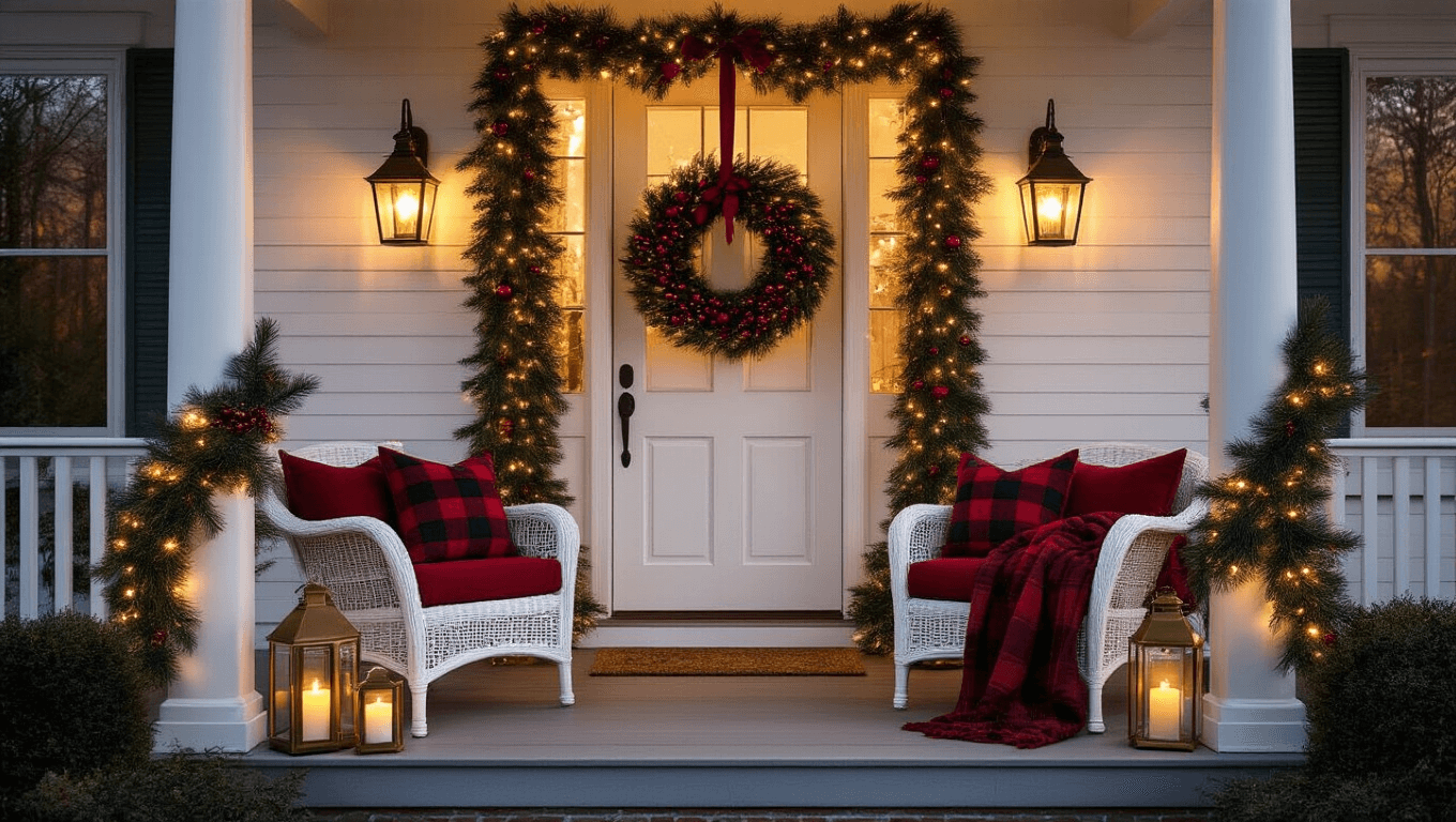 Cinematic winter front porch adorned with warm LED lights, evergreen garland, oversized wreath, cozy wicker furniture, and rich red and green holiday decor, creating a magical inviting atmosphere.