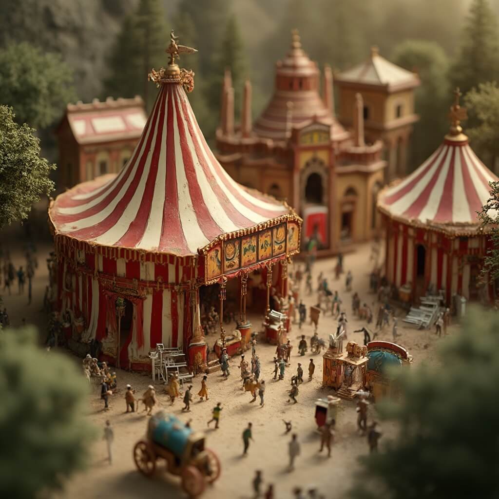 Detailed view of Howard Bros. 44,000-piece miniature circus model with precisely positioned miniature performers, scaled vintage circus wagons, under soft museum lighting, from an elevated angle