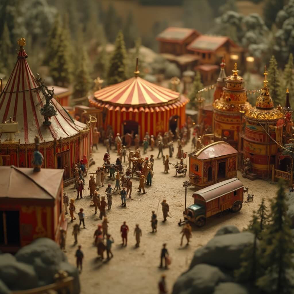 Ultra-detailed photograph of the Howard Bros. 44,000-piece miniature circus model featuring intricate architectural details, precise positioning of miniature performers, vintage circus wagons under soft museum lighting.