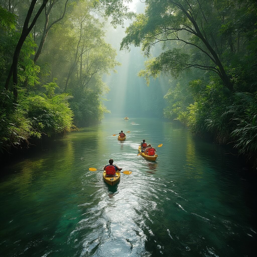 Kayakers enjoying a serene day on the Ichetucknee River with dappled sunlight over lush vegetation and dense Florida forest backdrop