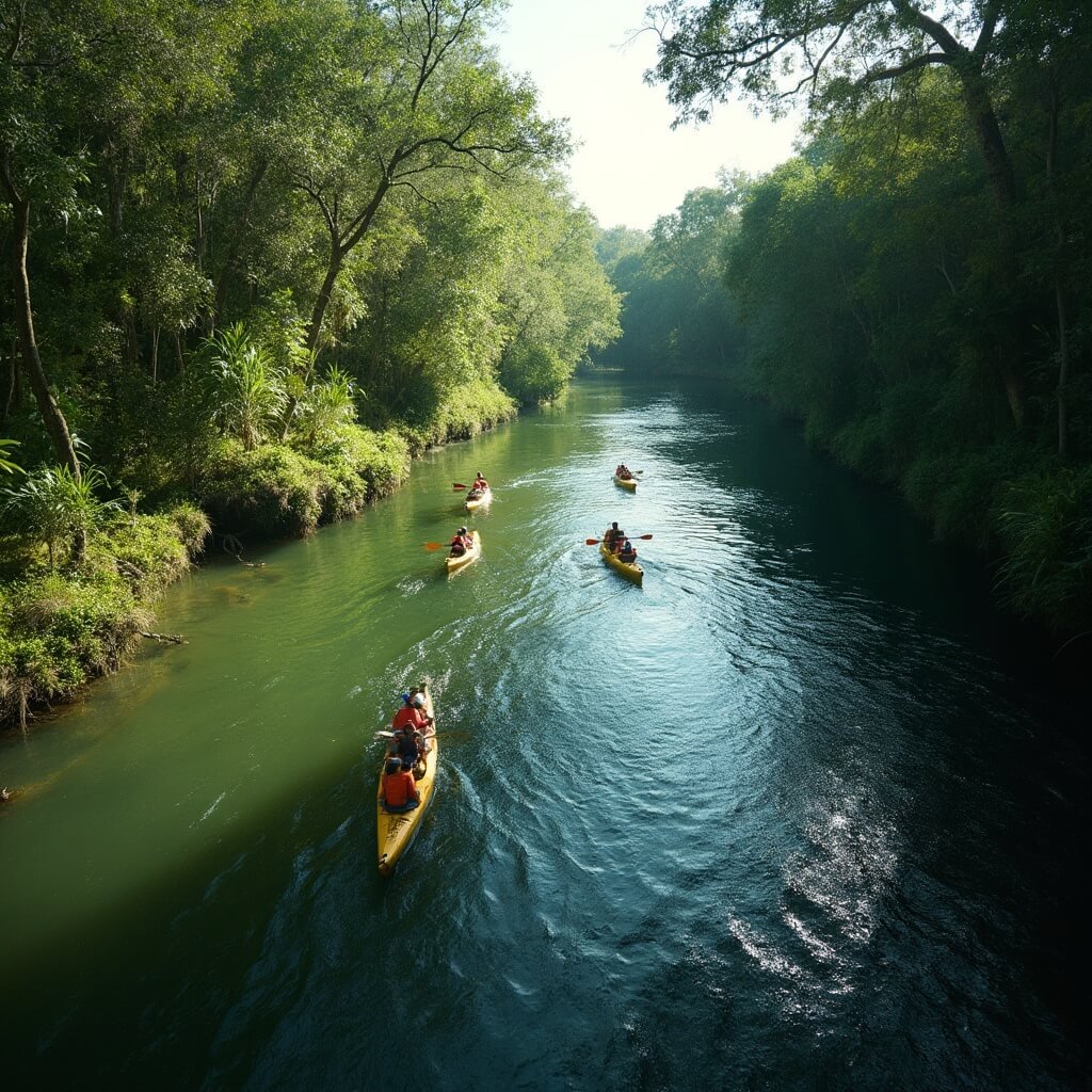 Kayakers enjoying a sunny day on the serene Ichetucknee River amidst lush greenery and dappled sunlight in the Florida forest