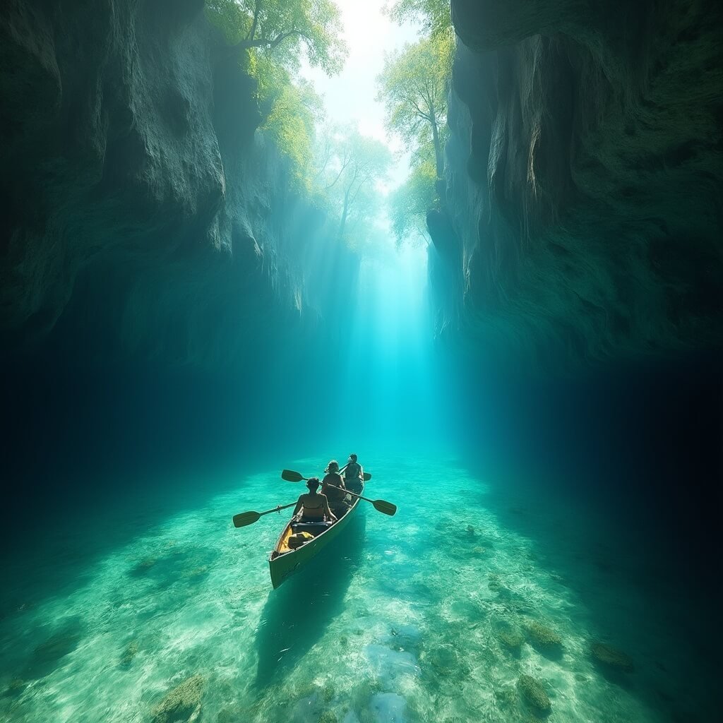Underwater view of Ichetucknee Springs with sunlight piercing through crystal-clear blue-green water, revealing limestone formations, vegetation, and a canoe carrying paddlers