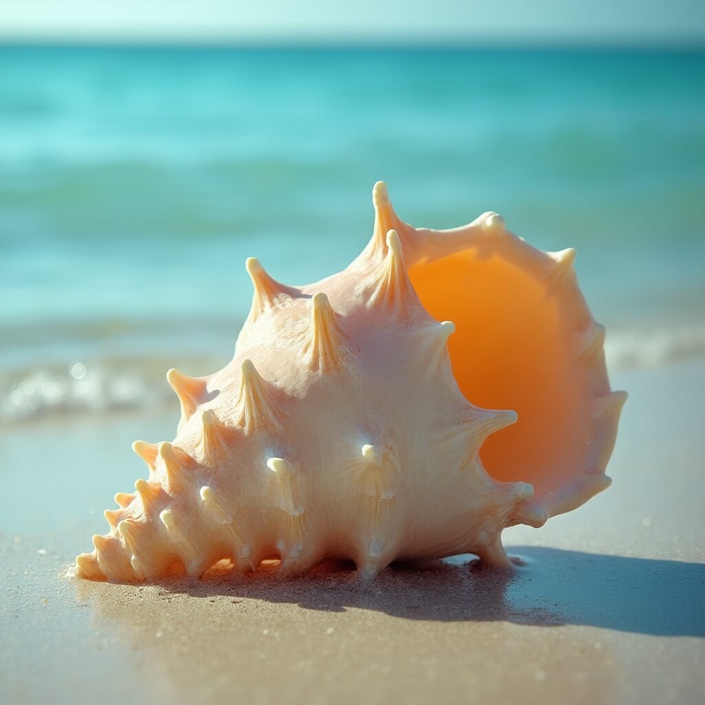 Close-up of a rare Junonia shell showcasing its intricate details against a blurred background of turquoise Gulf waters and sandy beach