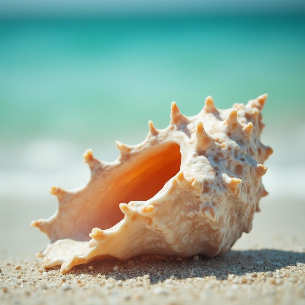 Close-up of rare 'Junonia' shell with detailed texture against a blurred background of turquoise gulf waters and sandy beach