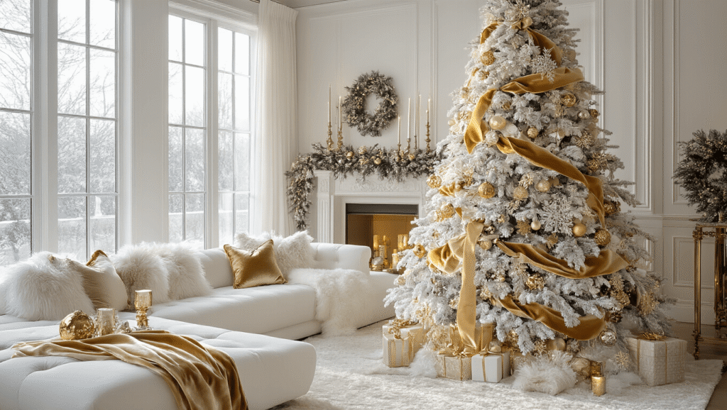 White and Gold Christmas Decor: Creating an Elegant Holiday Haven Cinematic wide-angle shot of an elegant living room with a 12-foot white flocked Christmas tree adorned with gold velvet ribbon and mercury glass ornaments, featuring a white velvet sectional and warm golden hour lighting illuminating the space.