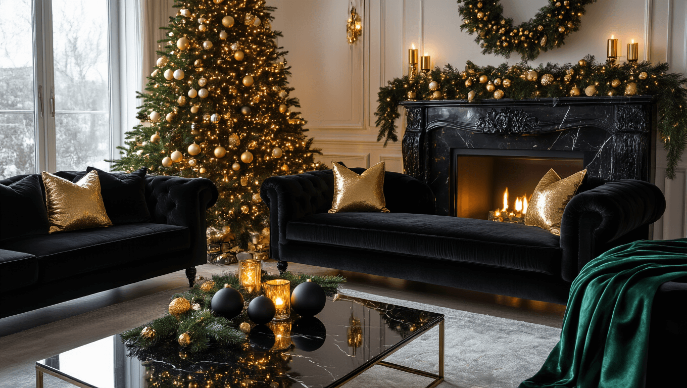 A luxurious Christmas living room featuring a black velvet sofa with gold accent pillows, an elegantly decorated evergreen tree, a black marble fireplace with garland and candle holders, and a glass coffee table, all illuminated by warm soft lighting.