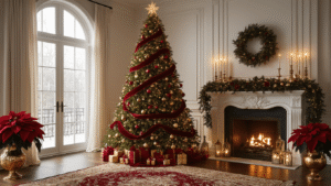 Red and Gold Christmas Decor: My Complete Guide to Creating Timeless Holiday Magic Cinematic wide-angle view of an opulent Christmas living room with a tall evergreen tree decorated in deep crimson velvet ribbons and gold ornaments, warm lighting reflecting on hardwood floors, an elegant mantel adorned with garlands and mercury glass candle holders, and floor-to-ceiling windows letting in soft winter daylight.