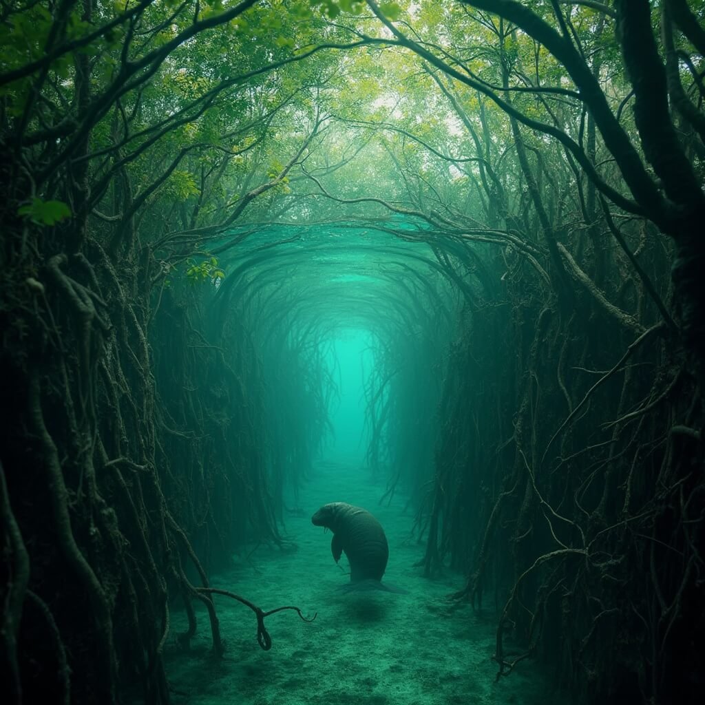 Dramatic wide-angle photo of the complex mangrove ecosystem in Boot Key, Marathon, featuring winding kayak tunnels amidst dense forests, a partially visible manatee under tangled roots, and an atmospheric lighting that underscores the rich emerald and turquoise hues.