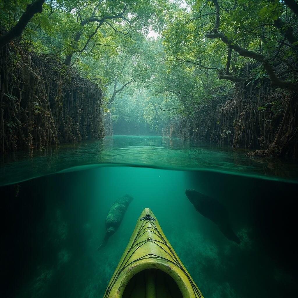 Manatee swimming through the winding kayak tunnels in the rich emerald and turquoise mangrove forests of Marathon's Boot Key