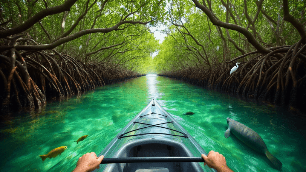 Dive into Mangrove Magic: Your Ultimate Florida Keys Kayaking Adventure Guide "First-person view from a clear kayak gliding through a mangrove tunnel in Florida Keys, showcasing under-water wildlife, sun-dappled mangrove canopy, and a distant manatee, embodying vibrant adventure travel aesthetic."