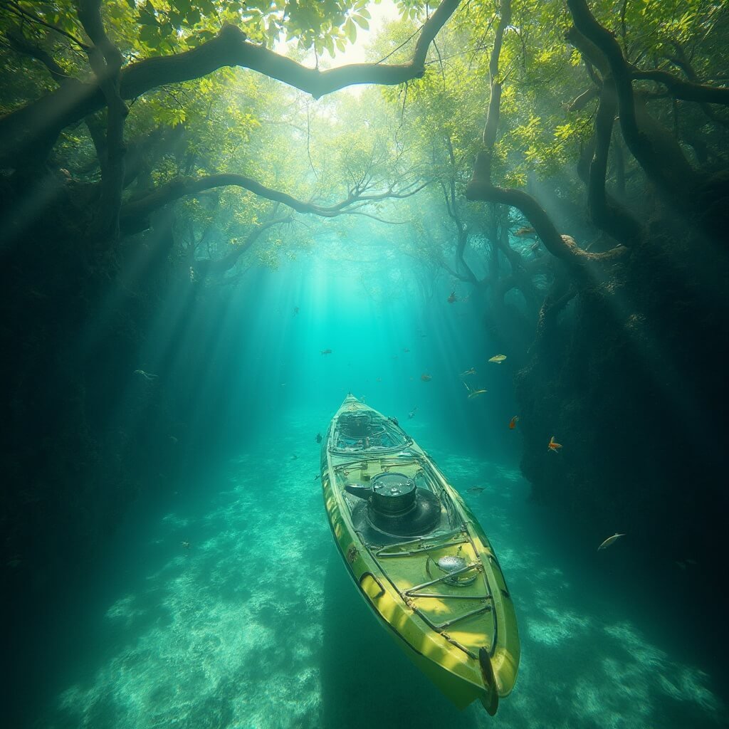 Transparent kayak navigating crystal-clear mangrove waterways, revealing vivid stingrays, tropical fish and tangled root systems in Sugarloaf Key, Florida with ethereal morning light.