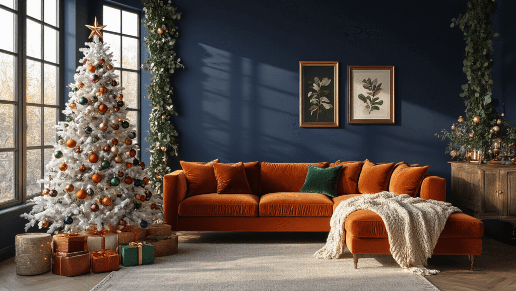 Christmas Decor Ideas for 2024: Trends That'll Transform Your Holiday Space A luxurious maximalist Christmas living room featuring deep navy walls, a burnt orange velvet sectional sofa, a modern white geometric Christmas tree with vibrant glass ornaments, and warm golden hour light illuminating the space.