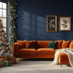 A luxurious maximalist Christmas living room featuring deep navy walls, a burnt orange velvet sectional sofa, a modern white geometric Christmas tree with vibrant glass ornaments, and warm golden hour light illuminating the space.