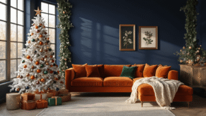 Christmas Decor Ideas for 2024: Trends That'll Transform Your Holiday Space A luxurious maximalist Christmas living room featuring deep navy walls, a burnt orange velvet sectional sofa, a modern white geometric Christmas tree with vibrant glass ornaments, and warm golden hour light illuminating the space.